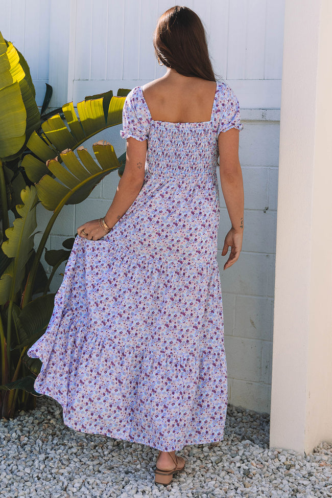Purple Bloom Shirred Waist Square Neck Maxi Dress with Bubble Sleeves Main Image