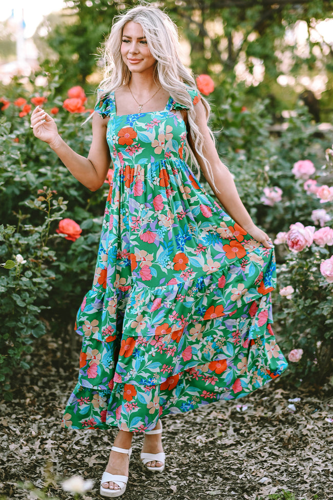 Green Floral Sleeveless Ruffle Strap Tiered High Waist Maxi Dress Main Image